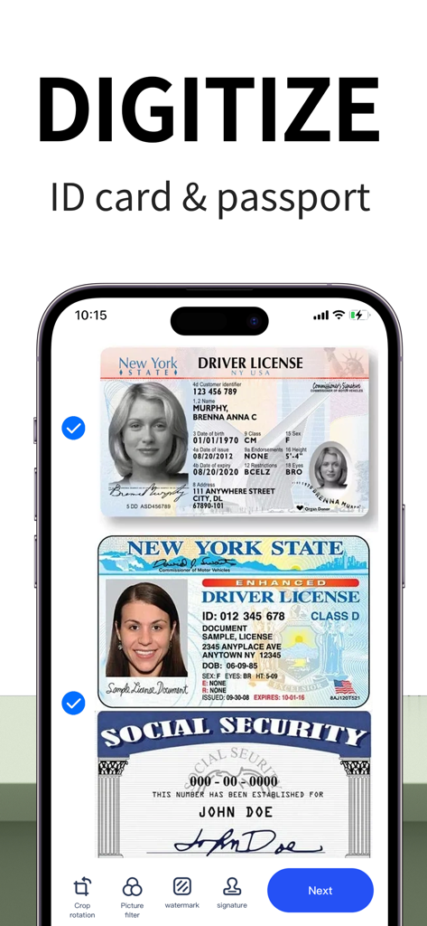 Mobile app interface showing the digitization of driver licenses and social security cards with Scanner Pro