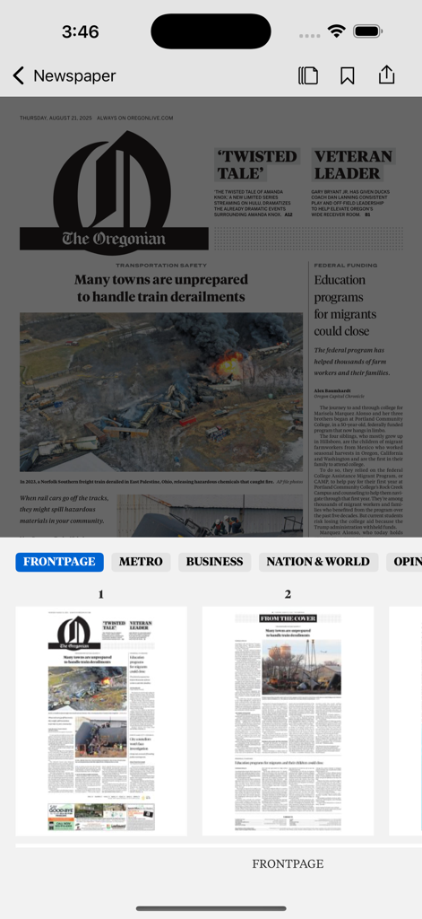 The Oregonian News - The Oregonian News app showing a digital replica of the daily newspaper front page
