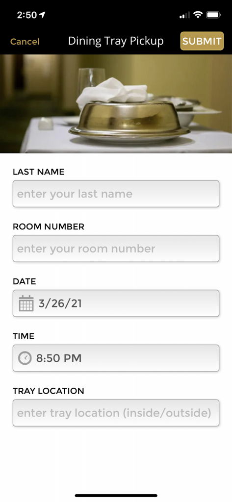 Peermont Hotels - Dining tray pickup form on the Peermont Hotels mobile app