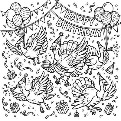 Get ready for a unique celebration with our Flying Turkeys Birthday Party coloring page! This delightful scene brings together festive fun and whimsical turkeys, perfect for a joyful coloring adventure.