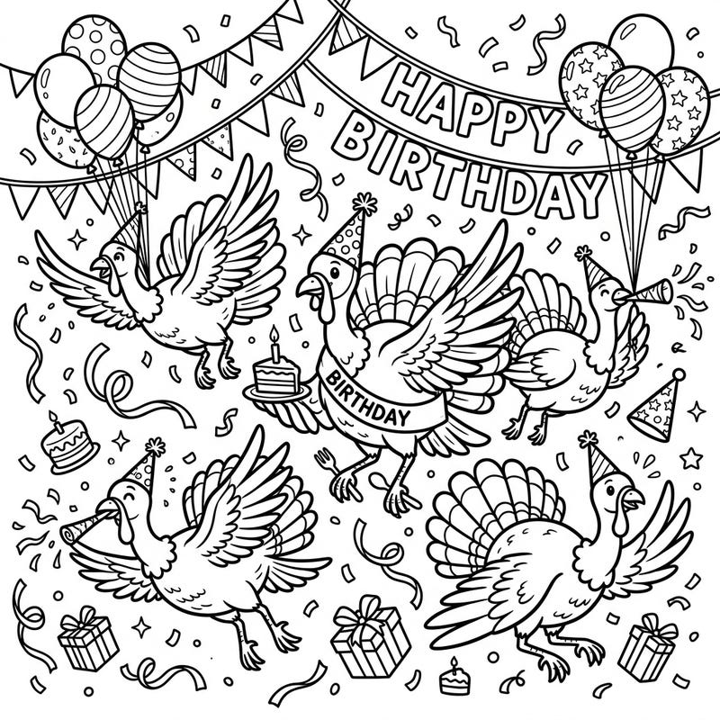 Get ready for a unique celebration with our Flying Turkeys Birthday Party coloring page! This delightful scene brings together festive fun and whimsical turkeys, perfect for a joyful coloring adventure.