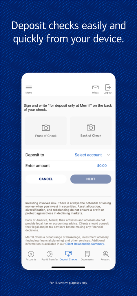 MyMerrill - Interfaz de la aplicación móvil MyMerrill que muestra la pantalla para depositar cheques tomando fotos de la parte frontal y posterior.