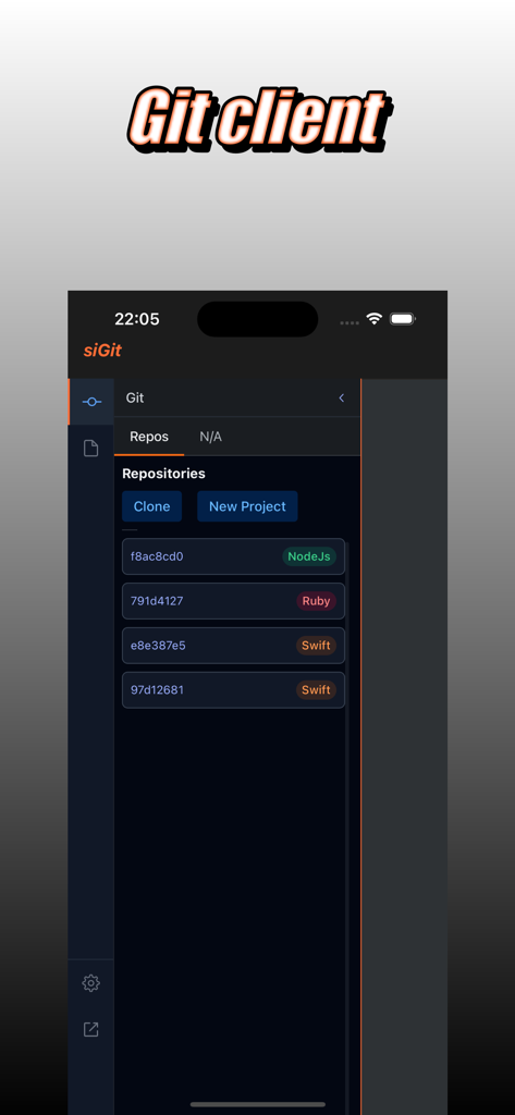 siGit - siGit mobile app interface showing a list of git repositories with clone and new project buttons