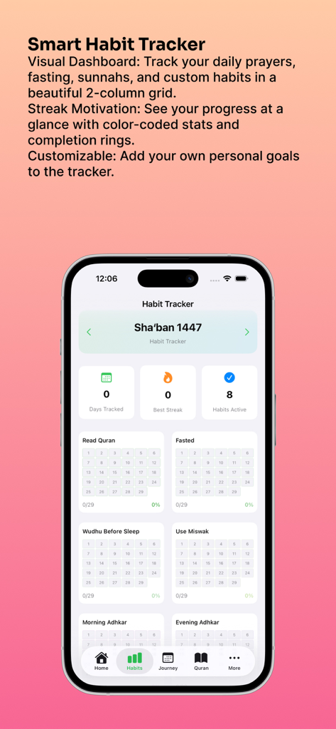 Ramadan Planner: Track & Pray - Smart habit tracker dashboard in the Ramadan Planner app featuring a grid view for tracking prayers, fasting, and Quran reading progress.