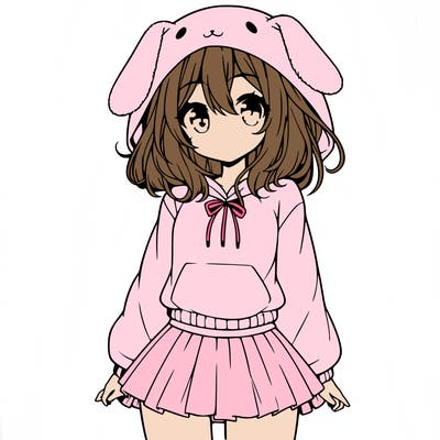 pretty anime girl wearing a fluffy hoodie with bunny ears on the hood and a skirt