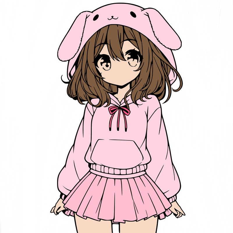 pretty anime girl wearing a fluffy hoodie with bunny ears on the hood and a skirt
