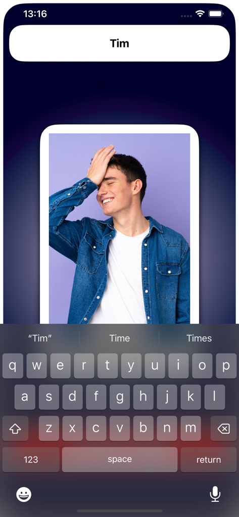 Lie Detector Test - Interface do aplicativo Teste do Detector de Mentiras mostrando uma foto e teclado para inserir um nome de jogador