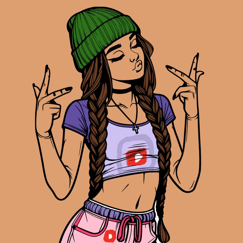 realistic teenage girl with braids and a beanie and crop top doing 🫶🏼