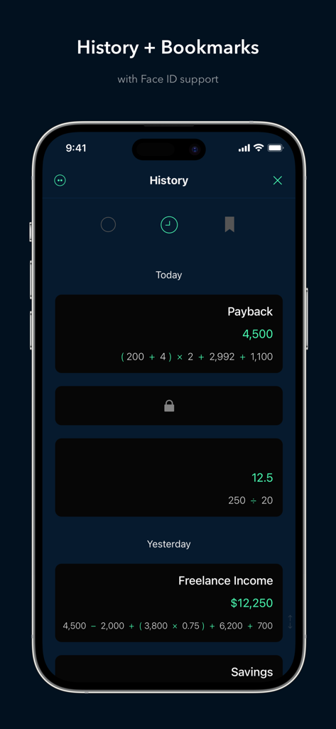 Calzy app screenshot showing calculation history and bookmarks with Face ID protection