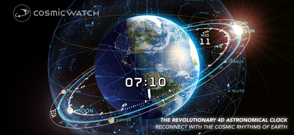 Interfaz de la aplicación Cosmic Watch mostrando un globo terráqueo 3D con órbitas celestes y un reloj digital