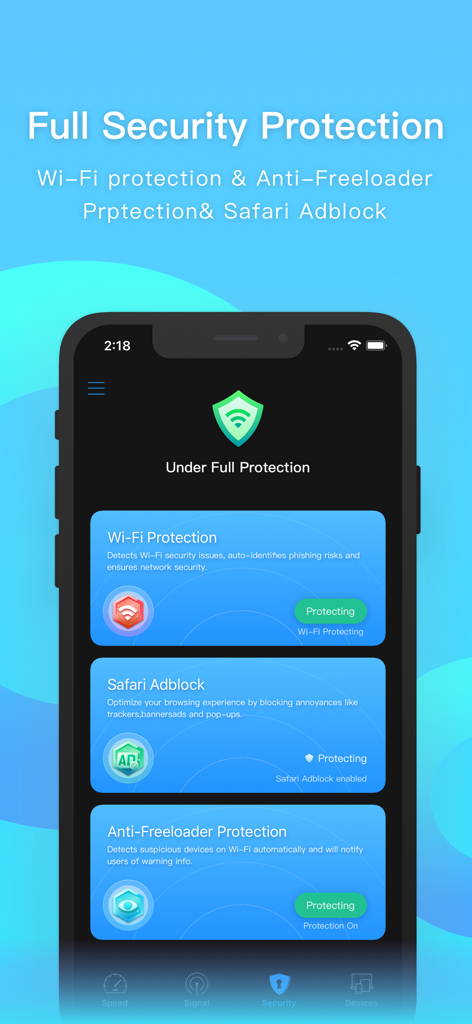 iWifi - AR speed & signal test - iWifi app interface showing Wi-Fi protection, Safari adblock, and anti-freeloader features active