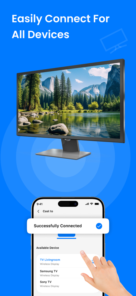 An iPhone interface showing a successful connection to a smart TV with a landscape image being mirrored on the screen