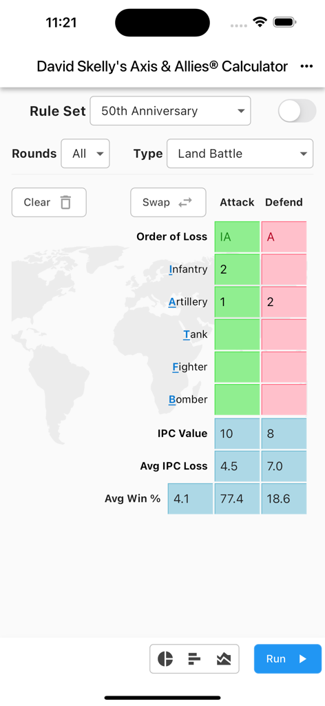 Skelly's AXIS&ALLIES® Calc - Skelly's Axis and Allies combat calculator interface showing a land battle simulation with unit inputs and win probability stats.