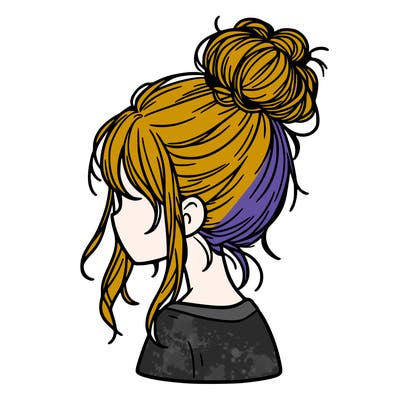 a girl with long hair pulled back into a disheveled bun