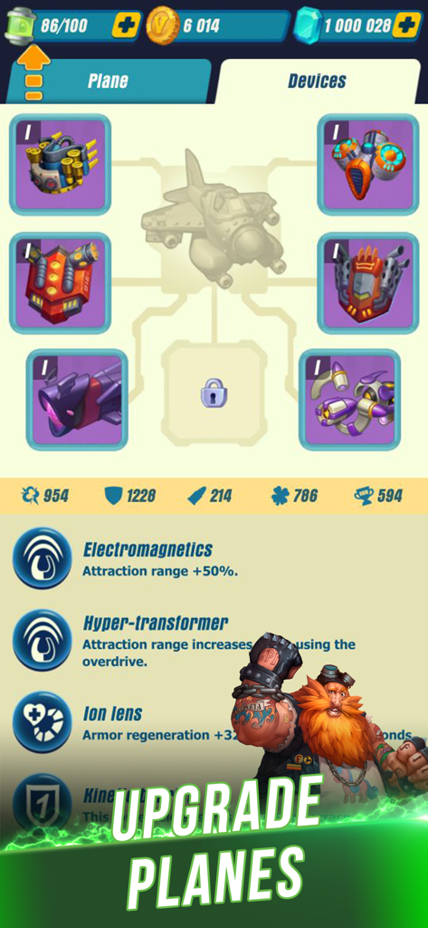 Screenshot del gioco HAWK che mostra i potenziamenti dell'aereo e il menu dell'equipaggiamento dei dispositivi