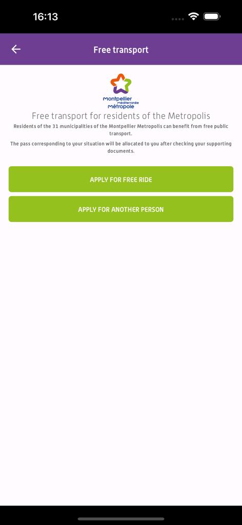 M'Ticket - Ticket mobile TaM - M'Ticket app screen for residents to apply for free transport in Montpellier Metropolis