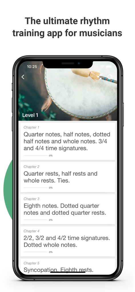 Complete Rhythm Trainer app interface showing the introductory level chapters for learning music rhythm.