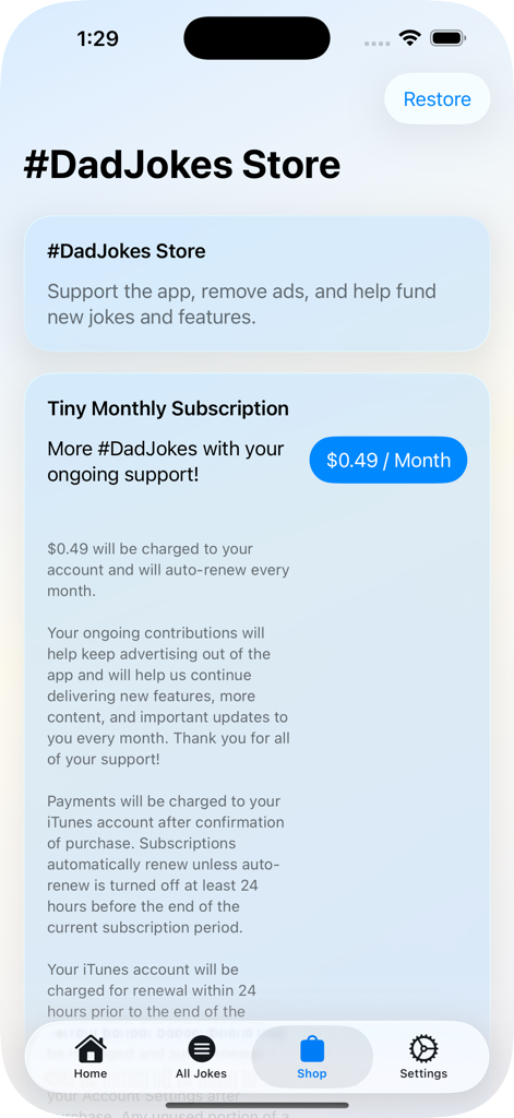#DadJokes - #DadJokesアプリのストア画面。広告を削除してアプリをサポートするための月額サブスクリプションオプションが表示されています。