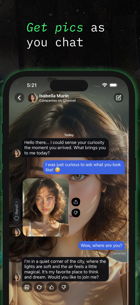 Interfaz de la aplicación Channel AI que muestra una conversación de chat con un personaje AI que genera imágenes fotorrealistas.