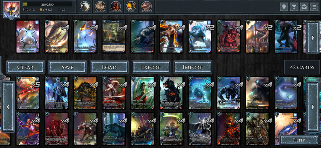 Shadow Era - Trading Card Game - Shadow Era Trading Card Game deck builder showing a collection of fantasy cards with deck management options like save and export.