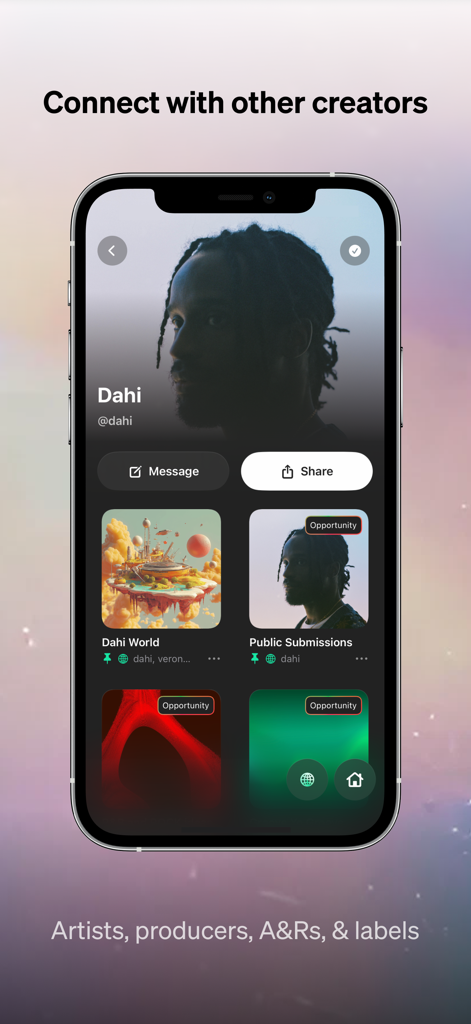 Baton - Unreleased Music - 메시지 및 작업 공유 옵션이 있는 음악 창작자 프로필을 보여주는 Baton 앱 인터페이스