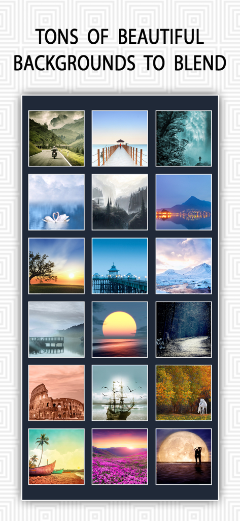 A grid showcasing various artistic and scenic background images available for photo blending