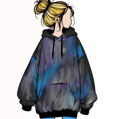 realistic girl with a oversized sweatshirt on and a bun