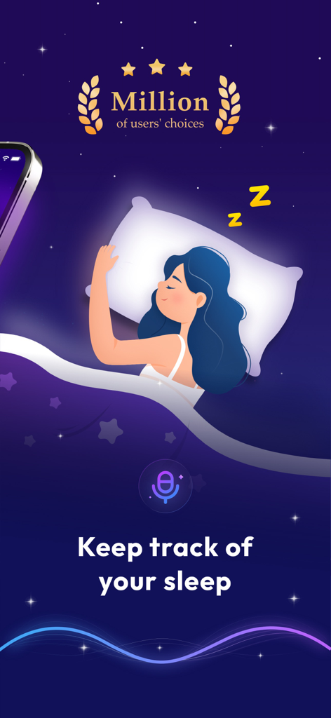 Sleep Wellアプリのスクリーンショット。女性が眠っている様子と、睡眠トラッキング用のマイクアイコンが表示され、「睡眠をトラッキングしましょう」というテキストが表示されています。