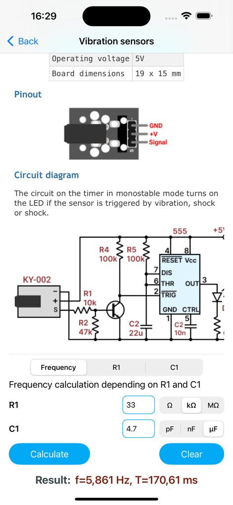 Technical circuit diagram and frequency calculator for a 555 timer vibration sensor application