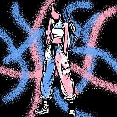 girl in baggy pants crop top and long hair