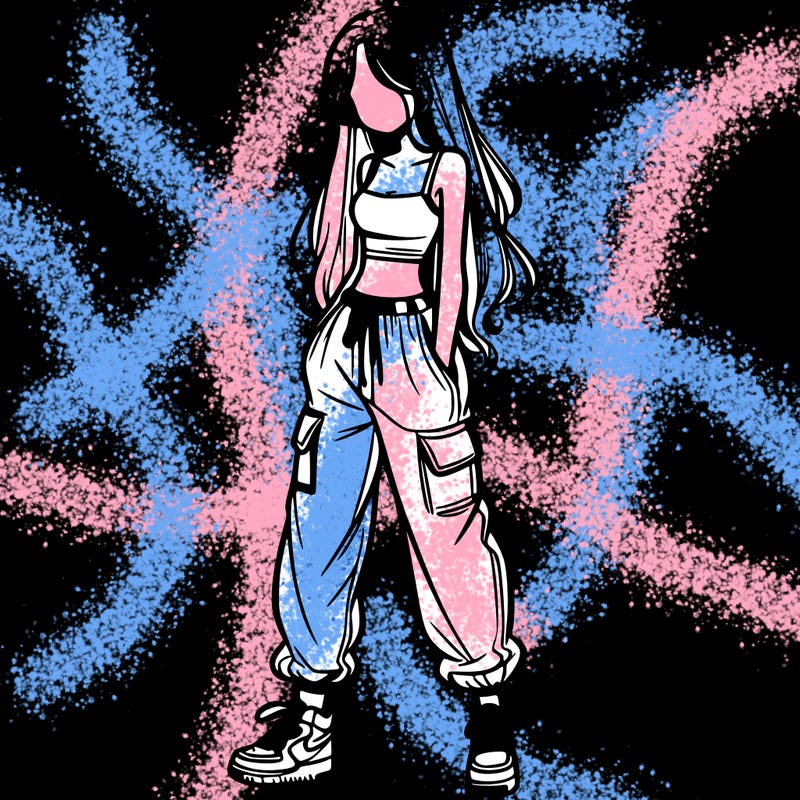 girl in baggy pants crop top and long hair