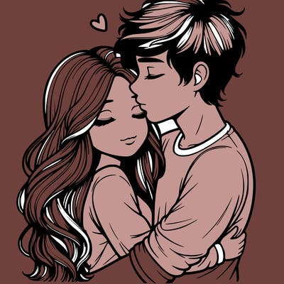 a realistic couple boy and girl hugging and kissing
