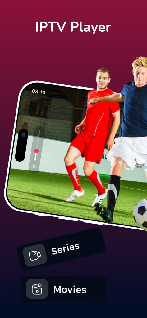 IPTV Player: Streamflow Pro - A smartphone screen displaying a live soccer match on the IPTV Player Streamflow Pro app with movie and series categories.