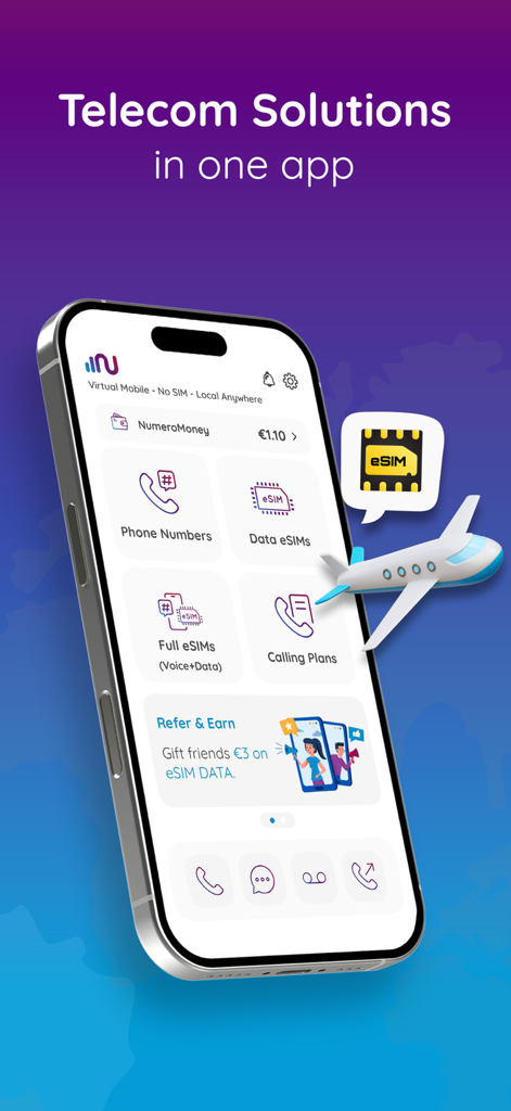 Numero eSIM: 2nd Phone Number - Interfaz de la aplicación Numero eSIM en un iPhone mostrando opciones para números de teléfono virtuales y planes de datos globales