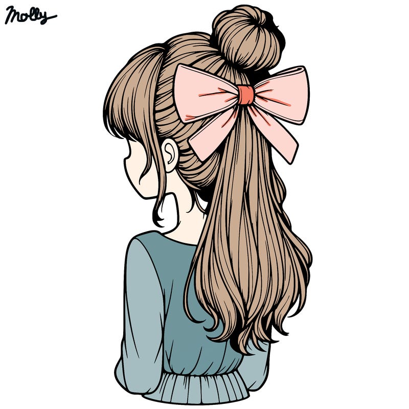 realistic girl  with hip length hair a bun and a big bow on the back of head