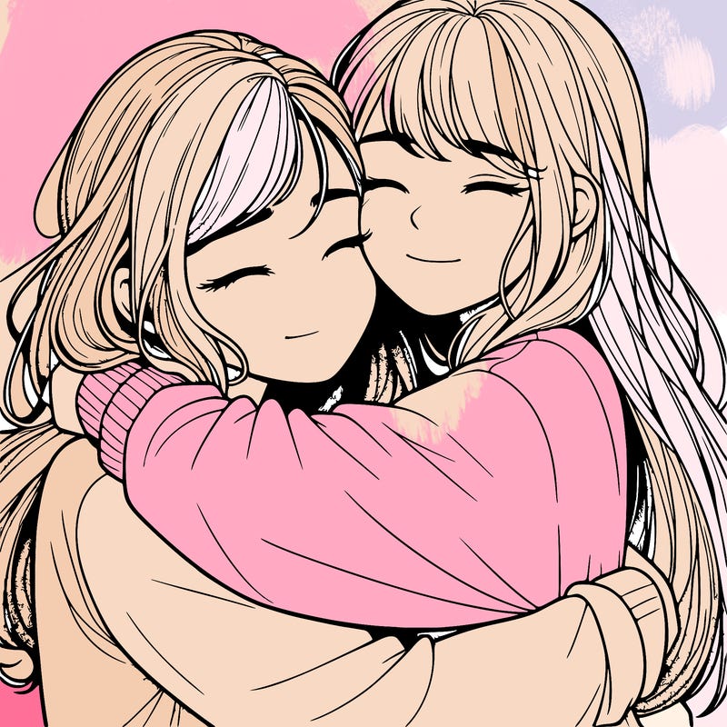 realistic two girls hugging