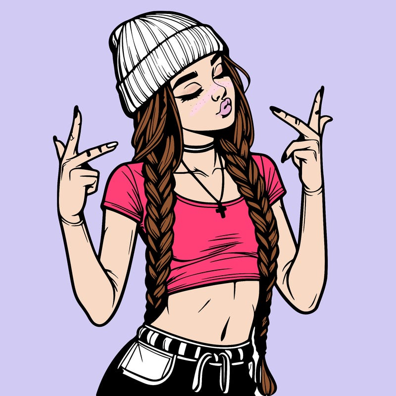 realistic teenage girl with braids and a beanie and crop top doing 🫶🏼