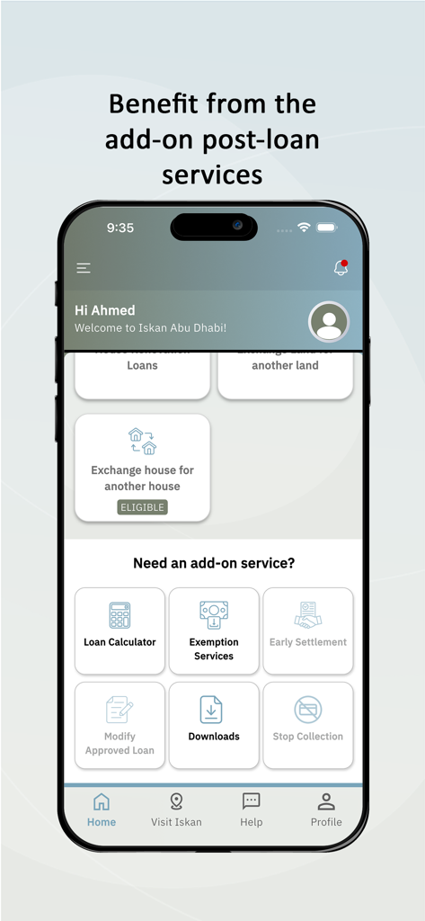 Iskan Abu Dhabi -إسكان أبوظبي - Iskan Abu Dhabi mobile app interface showing post-loan services like loan calculator and exemption services