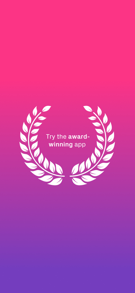 Constant Therapy: Brain+Speech - A pink and purple gradient screen featuring a white laurel wreath and the text Try the award-winning app.