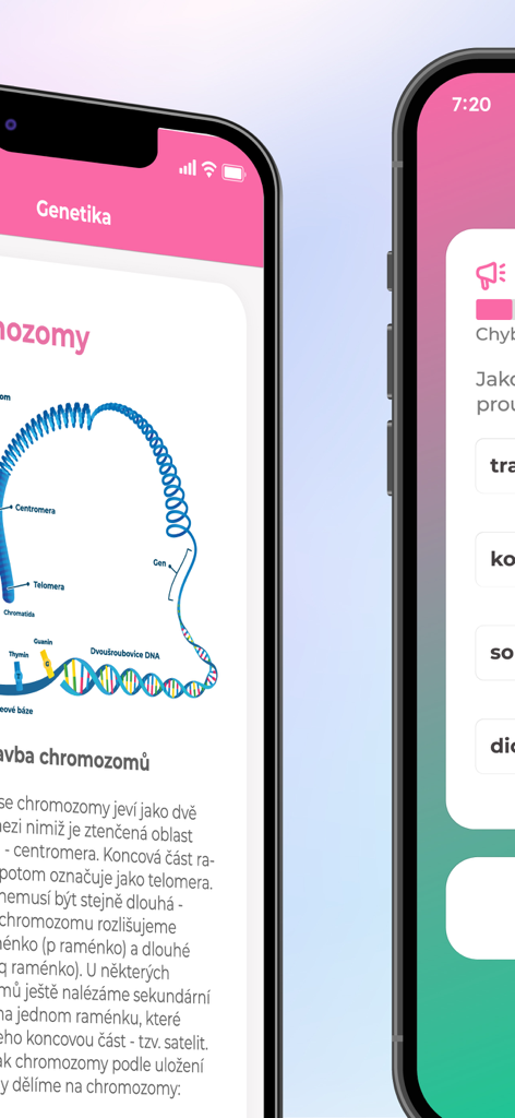 Pantallas educativas de smartphone mostrando una lección de genética con un diagrama de cromosomas y un cuestionario de ciencias