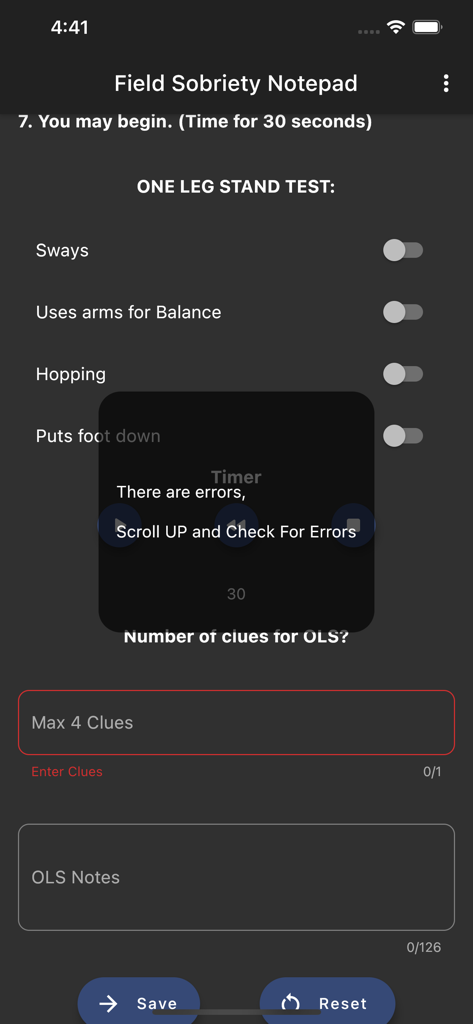 SFST Field Notepad - Interface for recording One Leg Stand test clues in the SFST Field Notepad app showing toggle switches and an error message.