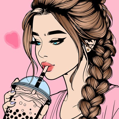 realistic girl drinking boba tea with braided hair
