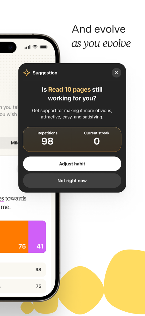 Atoms app suggestion screen prompting to adjust a reading habit with performance stats