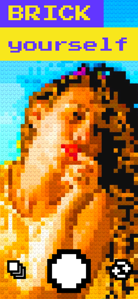 Bricks Camera app interface showing a selfie transformed into a colorful brick mosaic with the text brick yourself