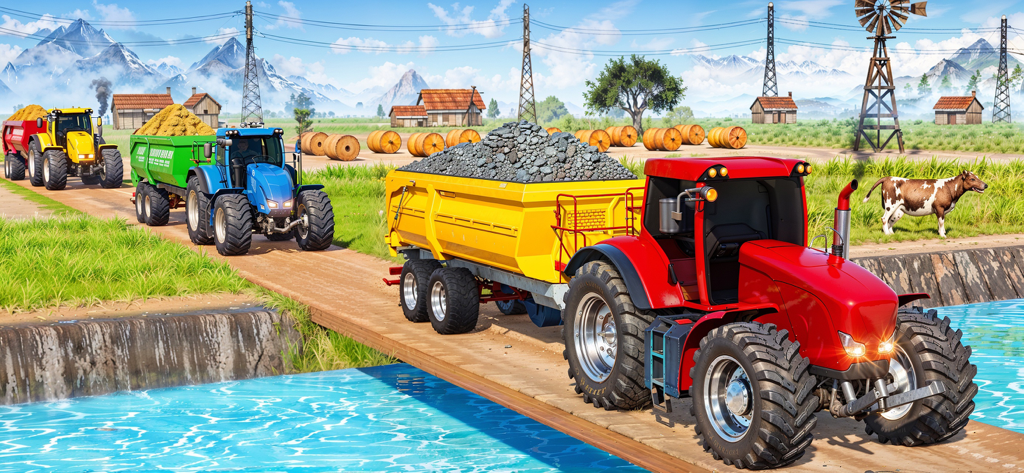 Tractor Driving Farming Games - A red tractor pulling a loaded trailer across a wooden bridge in a 3D rural farming simulation game