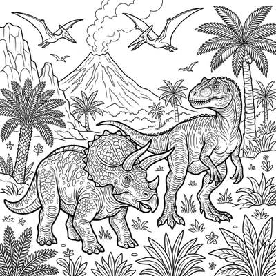 Journey back to the age of dinosaurs with this captivating coloring page featuring a mighty Triceratops and a formidable Giganotosaurus. Discover a world where volcanoes erupt and pterodactyls soar above lush prehistoric flora.