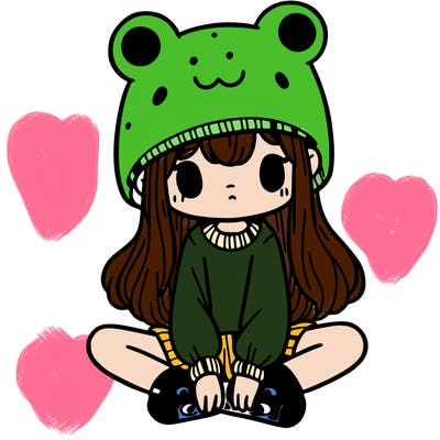 a girl wearing a frog hat and some frog socks