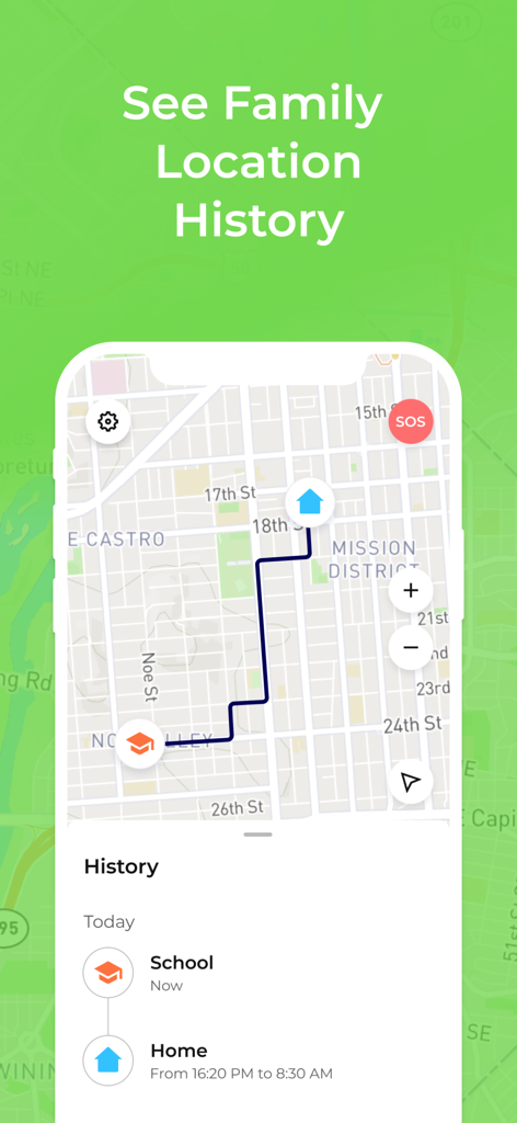 地図上に自宅と学校のアイコン間の経路と位置履歴タイムラインを表示するファミリートラッカーアプリの画面。