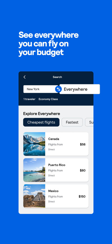 Skyscanner app showing the Explore Everywhere search feature with budget flight results to Canada Puerto Rico and Mexico