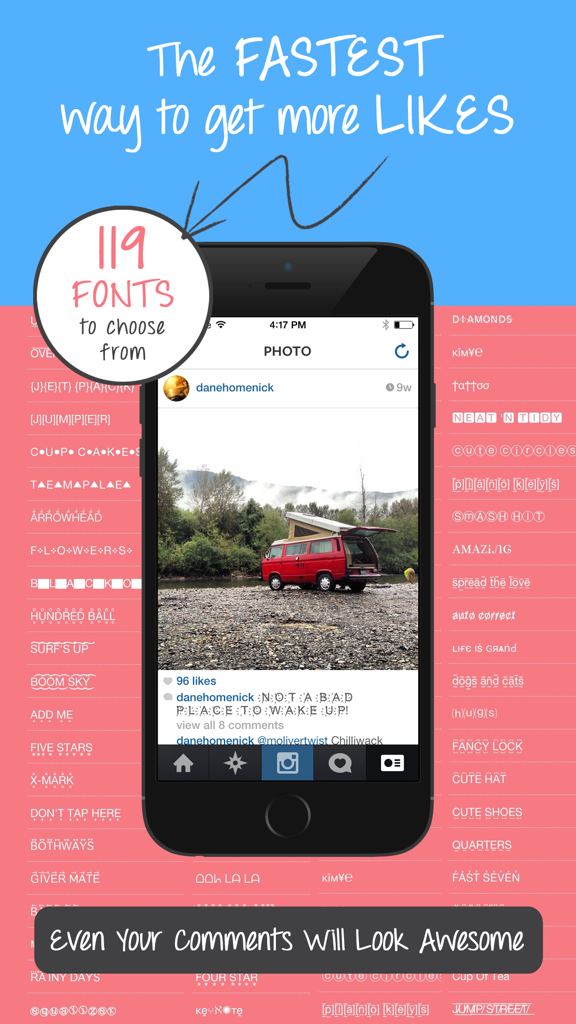 Better Font-s Pro - iPhone displaying an Instagram post with a custom decorative font caption and a list of available fonts in the background.